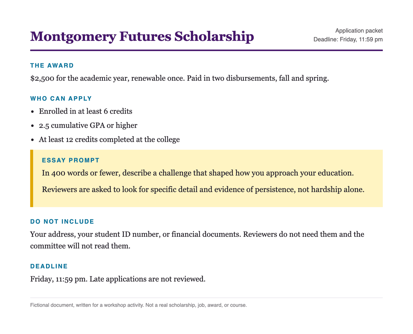 A one page scholarship application packet. It lists a $2,500 renewable award, eligibility of at least 6 credits, a 2.5 GPA, and 12 credits completed, and a highlighted essay prompt asking for 400 words about a challenge that shaped the applicant, with a note that reviewers look for specific detail and evidence of persistence rather than hardship alone. It also says not to include an address, student ID, or financial documents, and that the deadline is Friday at 11:59 pm.