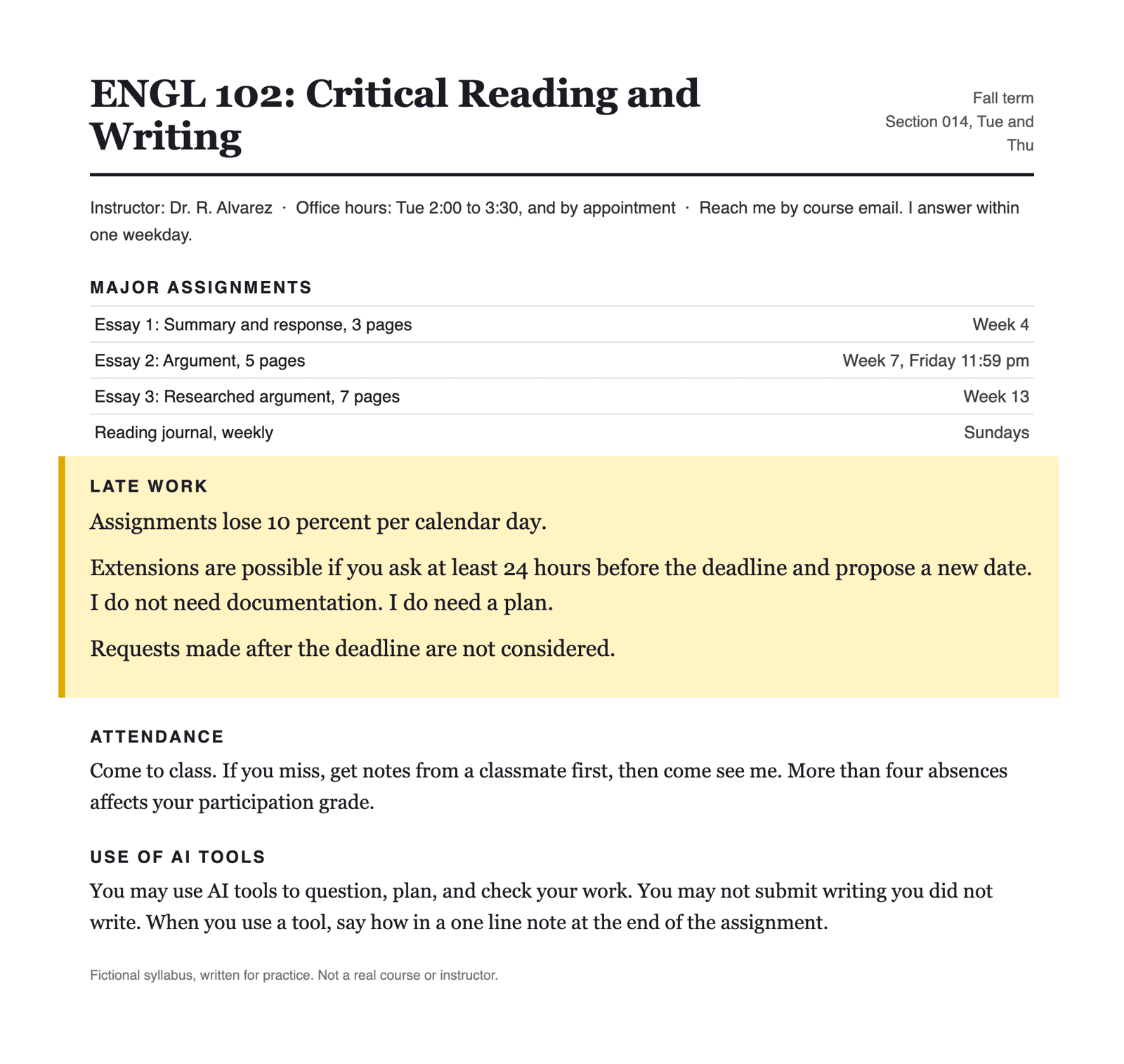 A page from a fictional ENGL 102 syllabus. The late work section is highlighted. It says assignments lose 10 percent per calendar day, that extensions are possible if requested at least 24 hours before the deadline with a proposed new date, that no documentation is needed but a plan is, and that requests after the deadline are not considered.